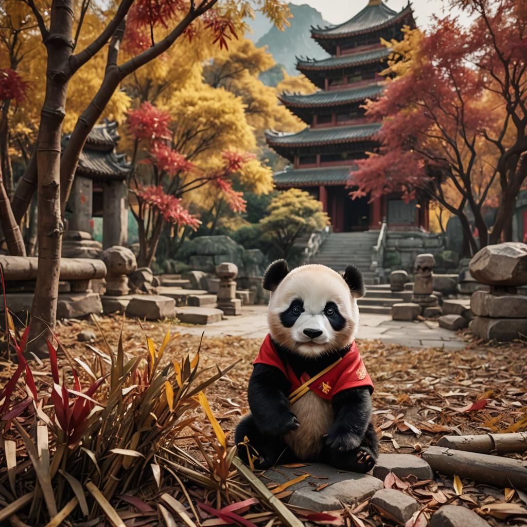 Adorable Baby Panda with Bamboo, Chinese Temple Backdrop