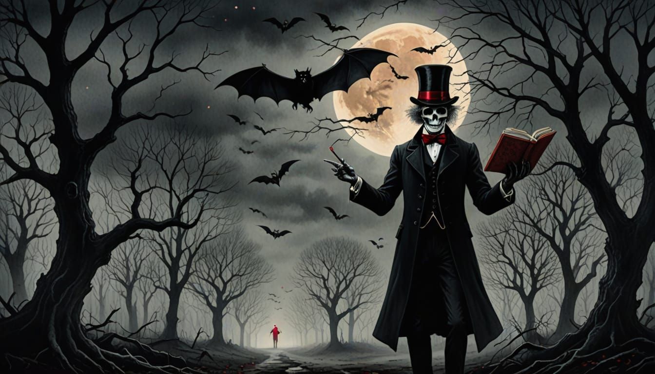Gothic Victorian Magician in Haunting, Whimsical Setting