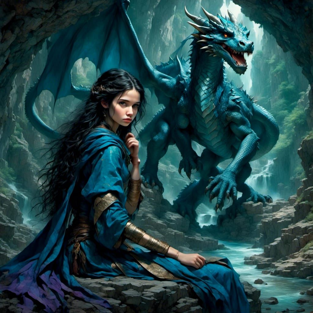 Girl and Dragon in Cave: Fantasy Illustration