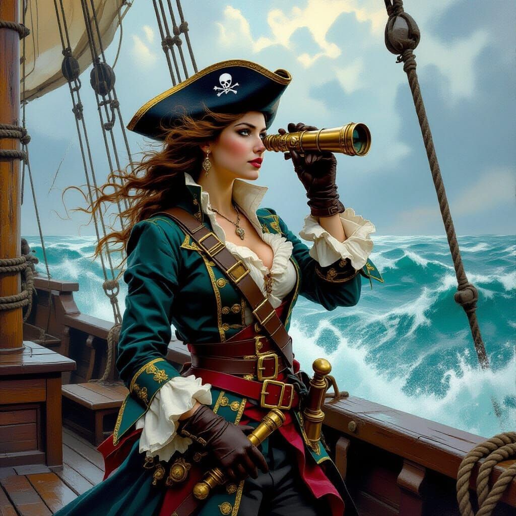 Female Pirate Captain with Spyglass on Stormy Sea