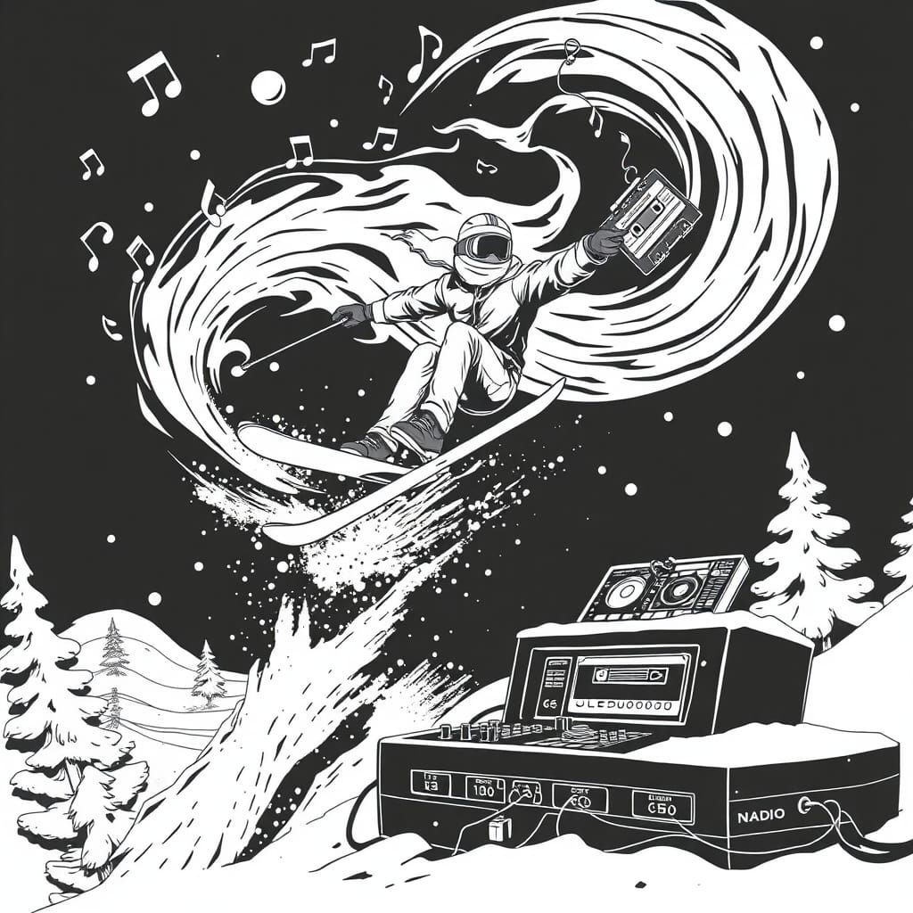 Retro Skier in Mid-Air, Swirling Music Notes, and Vintage Te...
