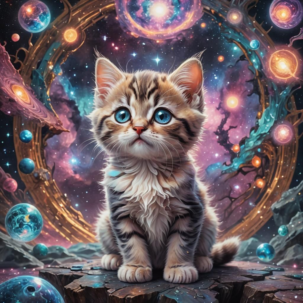 Cosmic Kitten Begs: Holographic Astral Illustration