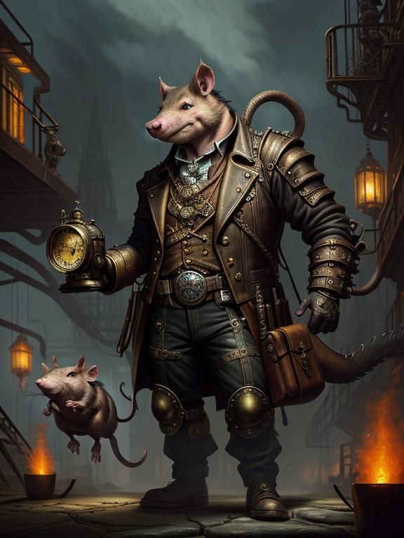Steampunk Rat Escaping Gear-Hog in Golden Light