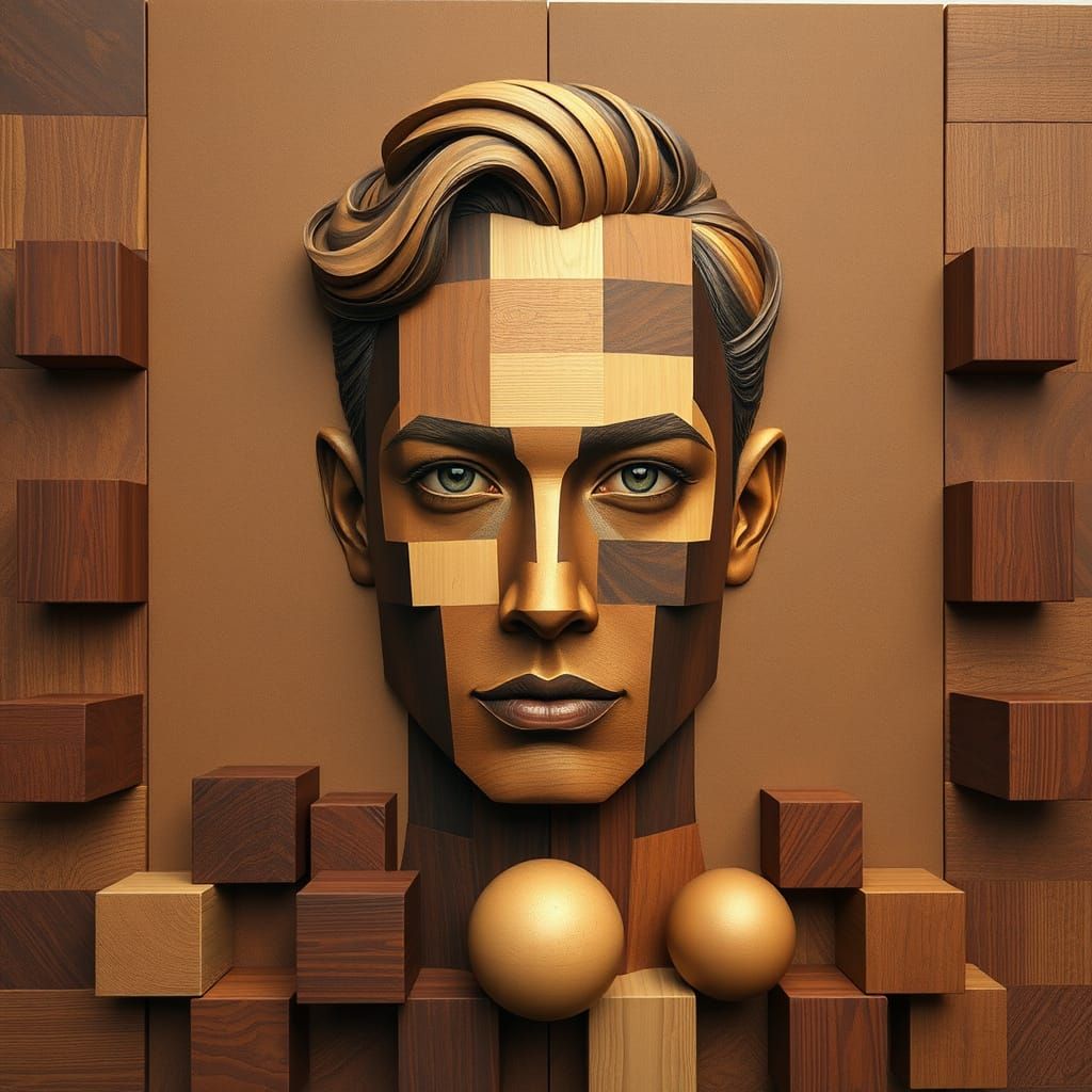 Abstract Wooden Portrait with Geometric Shapes