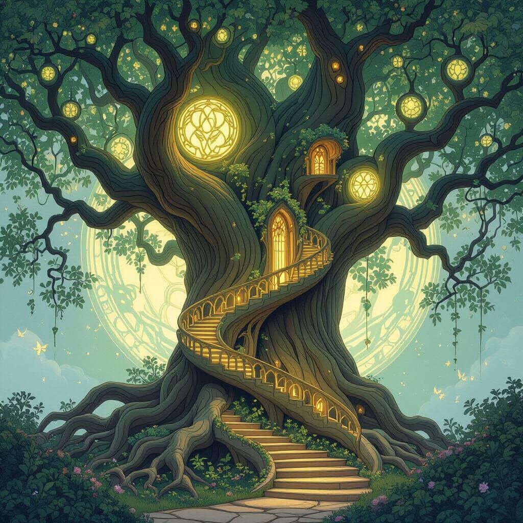 Ancient Tree with Runes in Art Nouveau Style