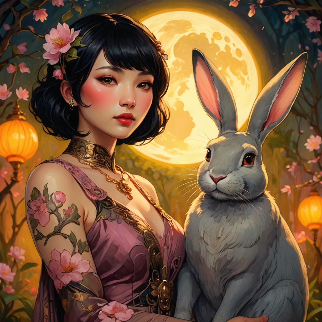 Thai Woman and Moon Rabbit in Art Nouveau Style