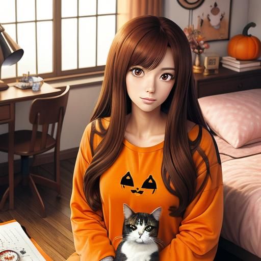 Girl Journaling with Cat in Anime Style