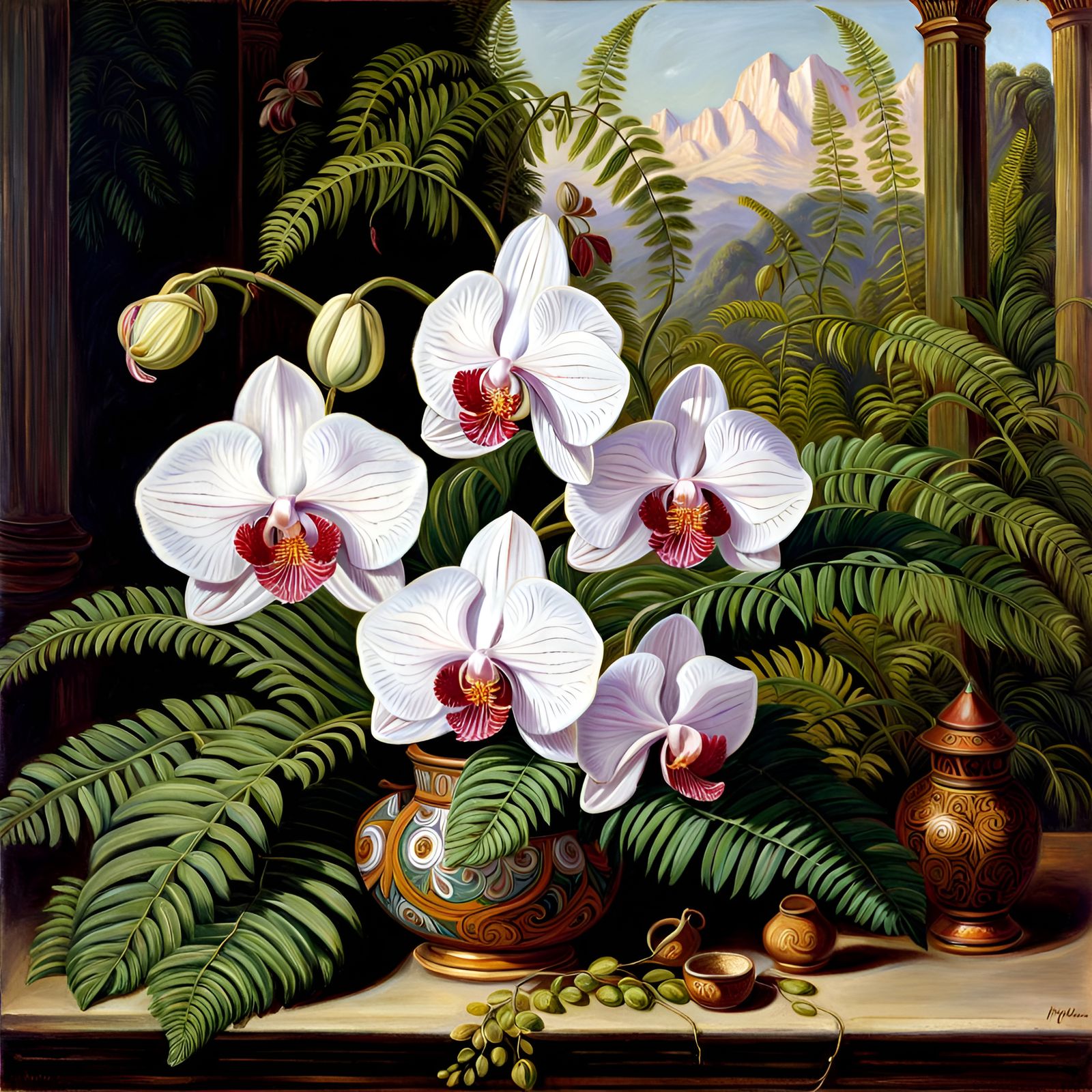 Orchids and Ferns: 19th Century Oil Painting