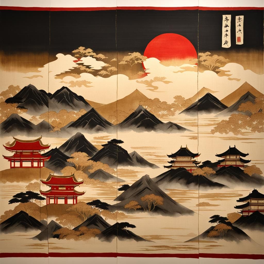 Traditional Japanese Watercolor Painting in Sepia and Gold