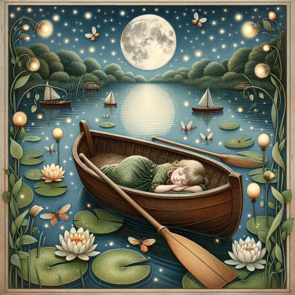 Dreamy Lakeside Scene with Sleeping Girl in Naive Style
