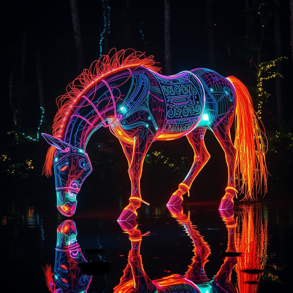 Cyberpunk Maori Horse Drinks in Bioluminescent Forest