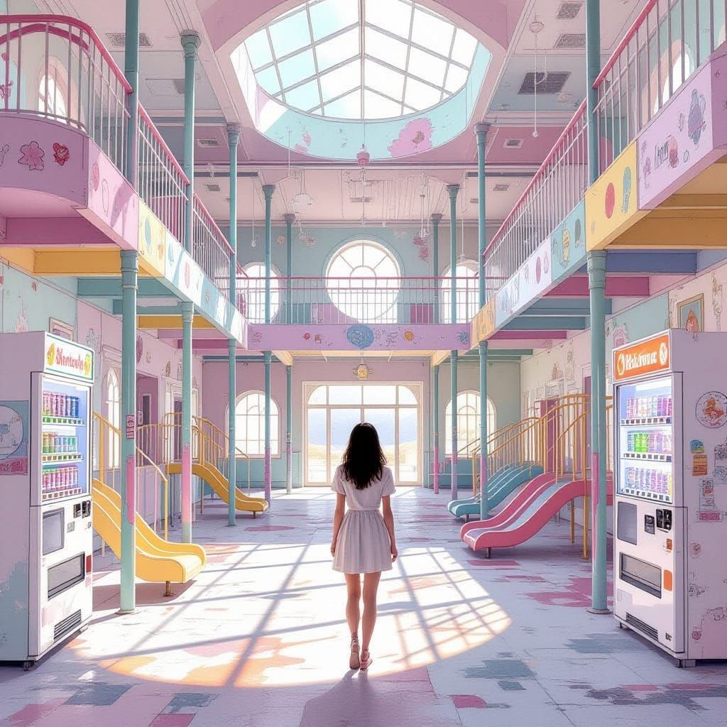 Surreal Abandoned Playground with Woman, Hyperrealistic Styl...