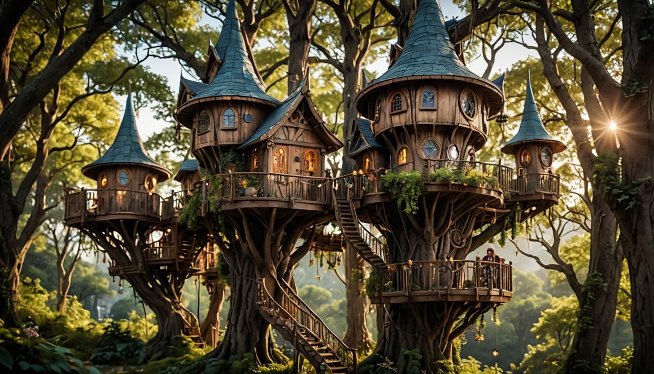 Highrise Elven Treehouses in Professional Photography Style