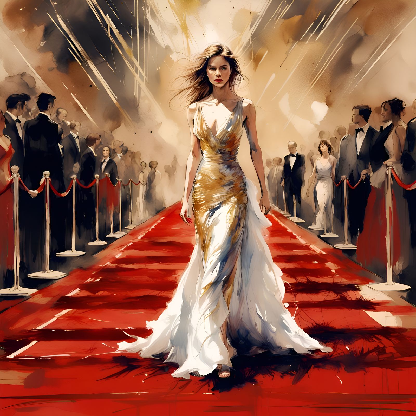 Glamorous Woman on Red Carpet in Digital Watercolor