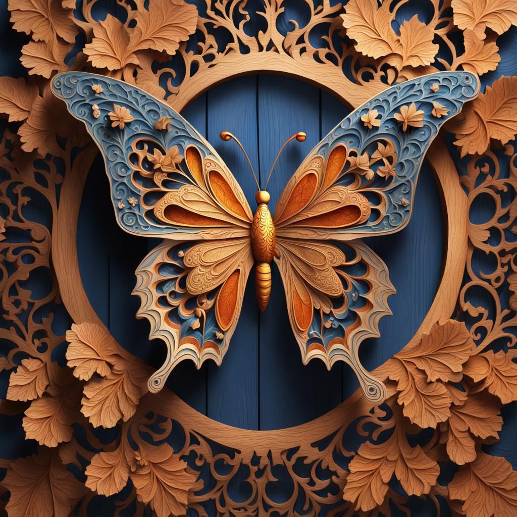 Intricately Carved Butterfly in Wooden Fantasy World