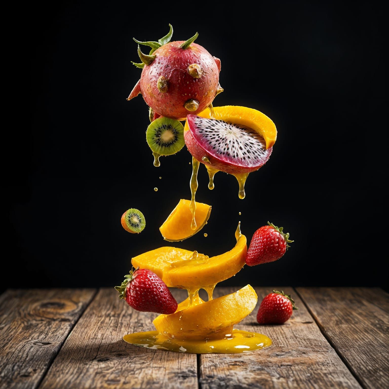 Surreal Levitating Tropical Fruits in Dramatic Lighting