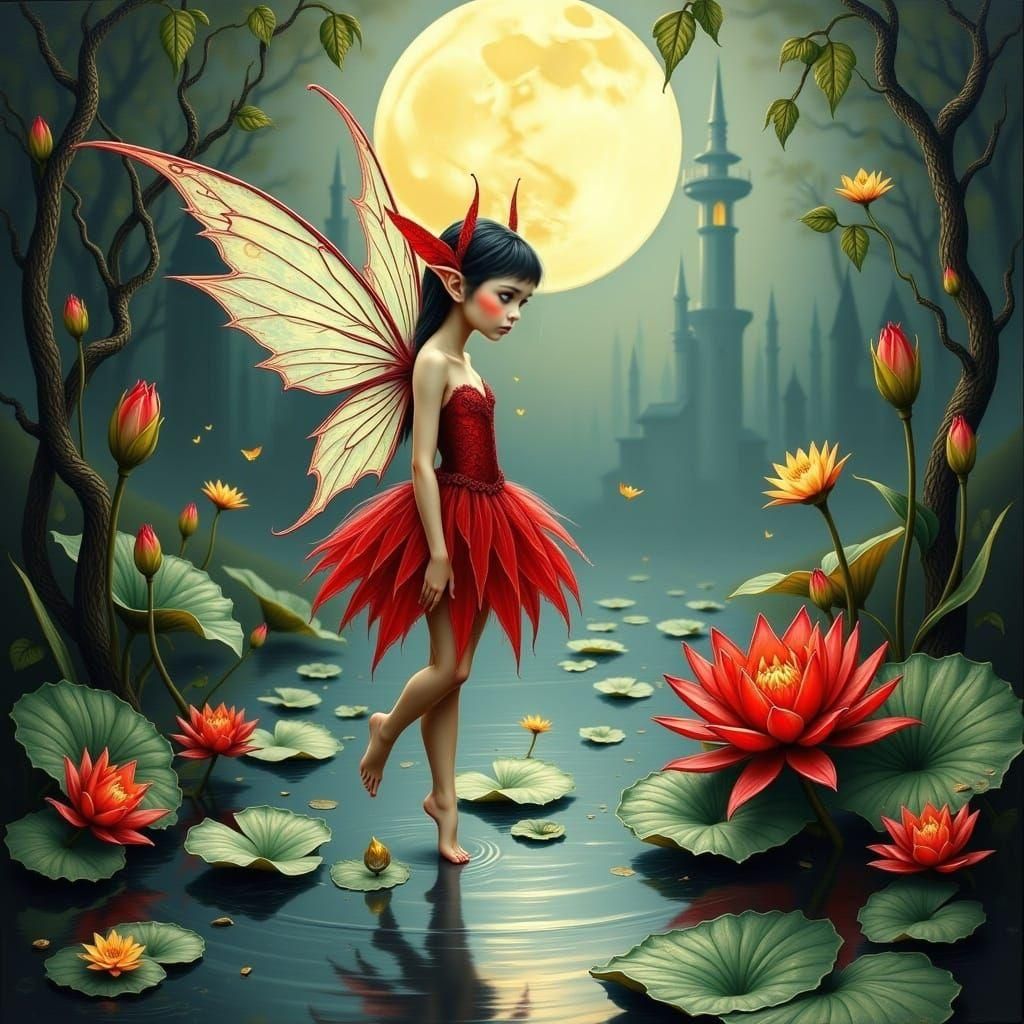 Red Fairy Gazing at Reflection in Pond