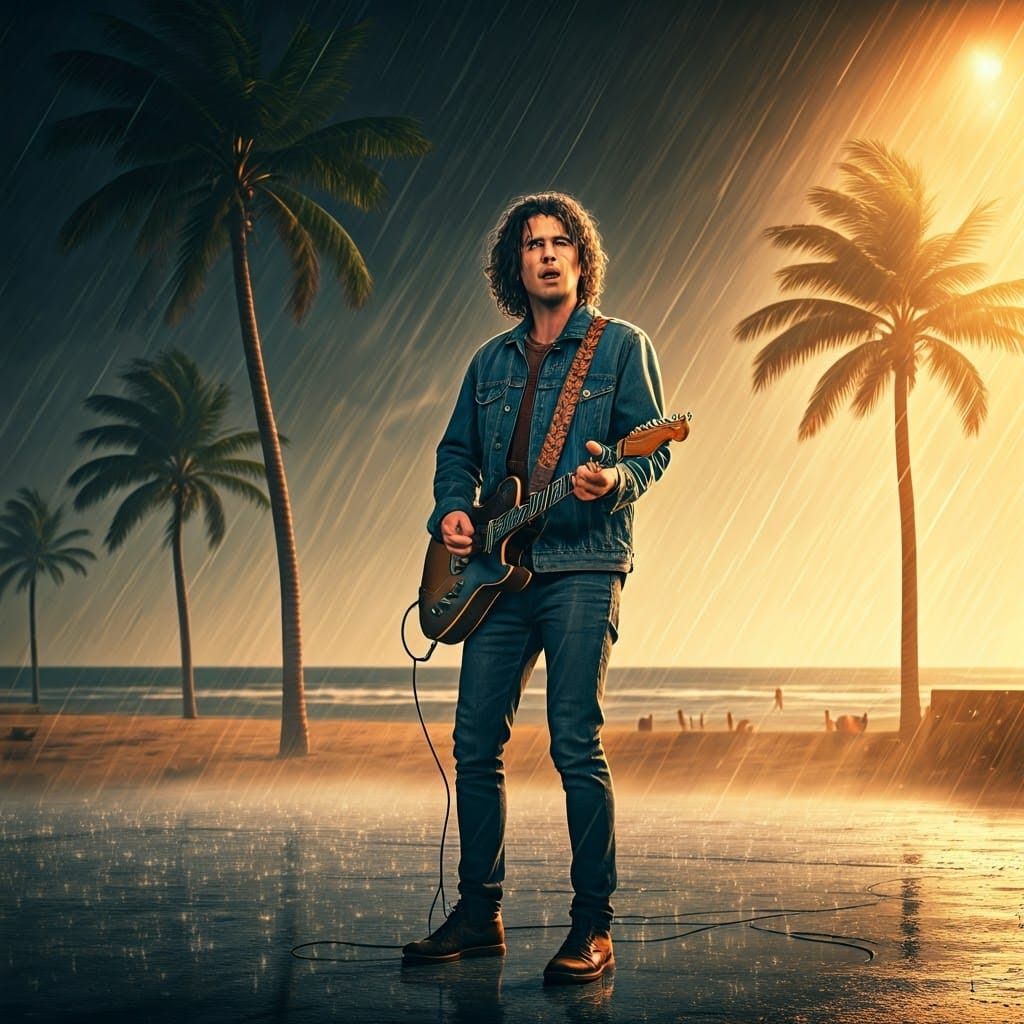 Rock Star Performs on Stormy Beach Stage