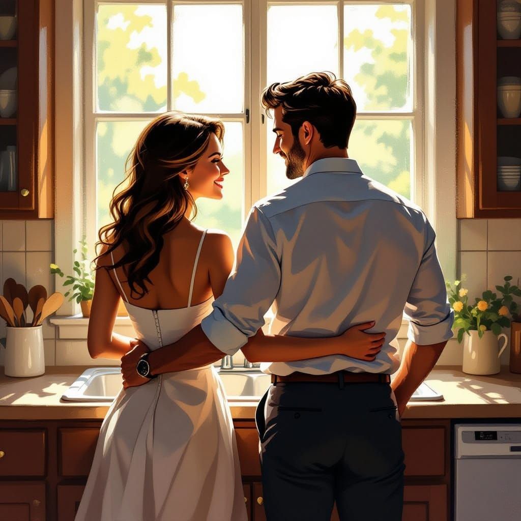 Intimate Couple in Sunlit Kitchen, Painterly Style