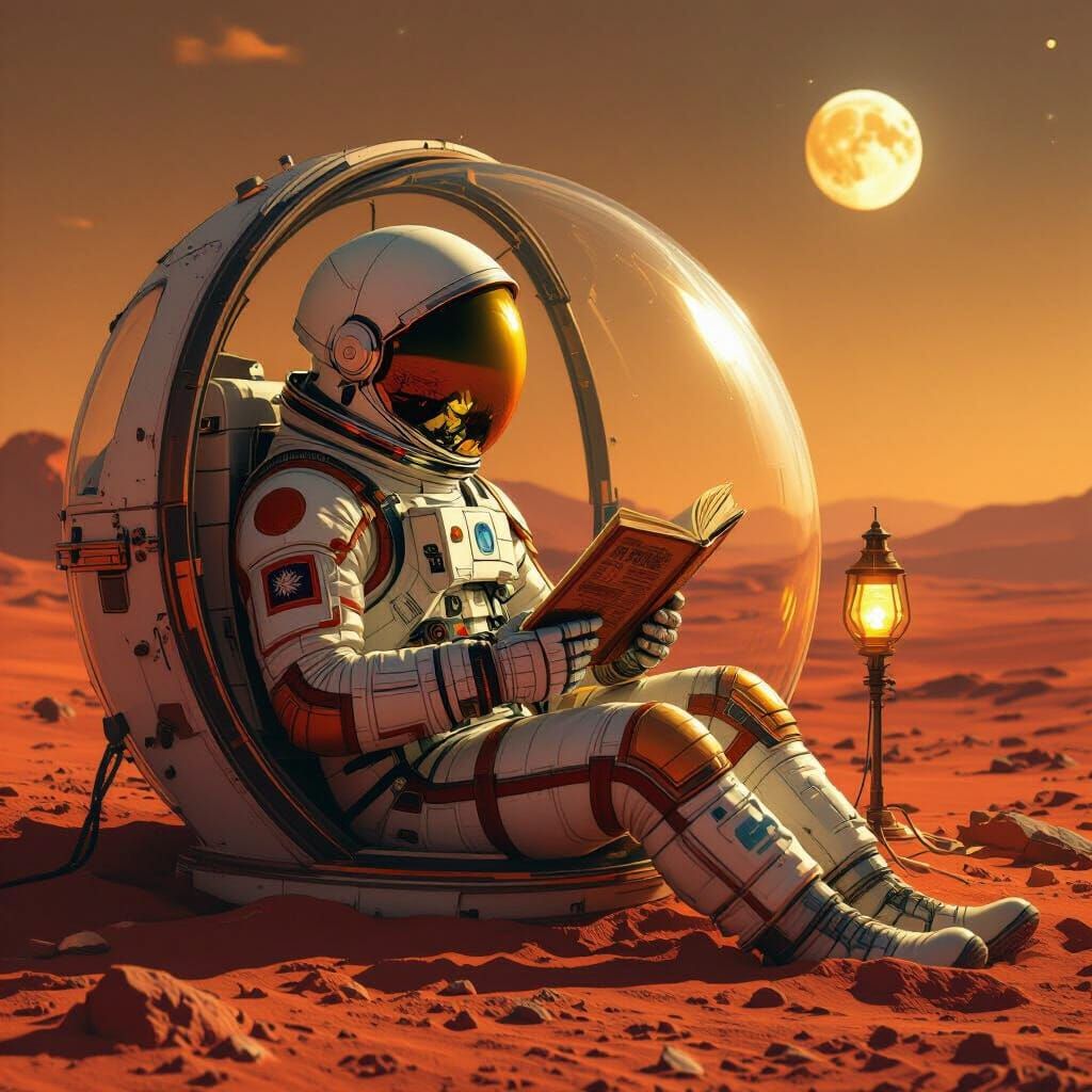 Astronaut Reads on Mars in Retro-Futuristic Style
