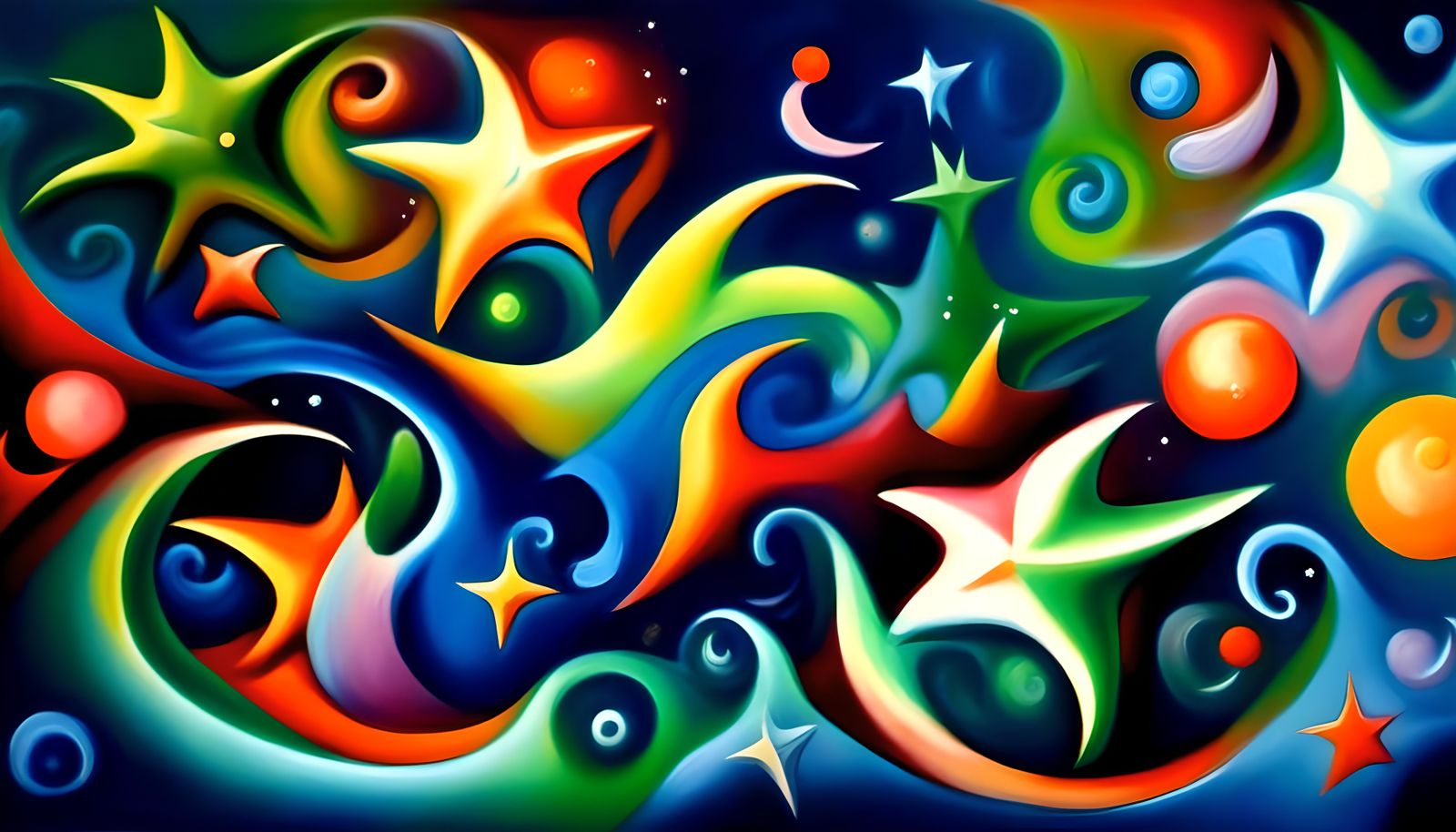 Swirling Star-Beings in Vivid Chagall-Style Oil Painting