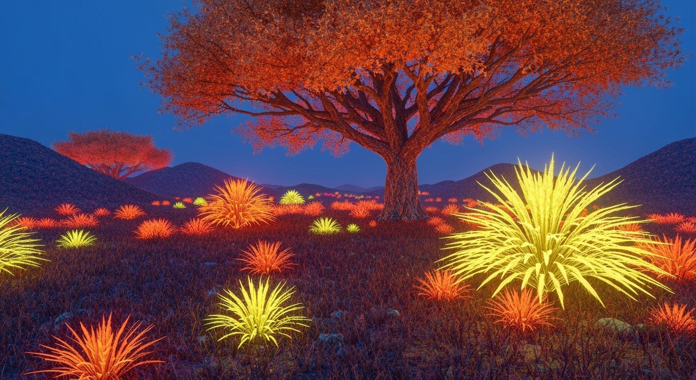 Neon Savannah Tree in a Futuristic Landscape