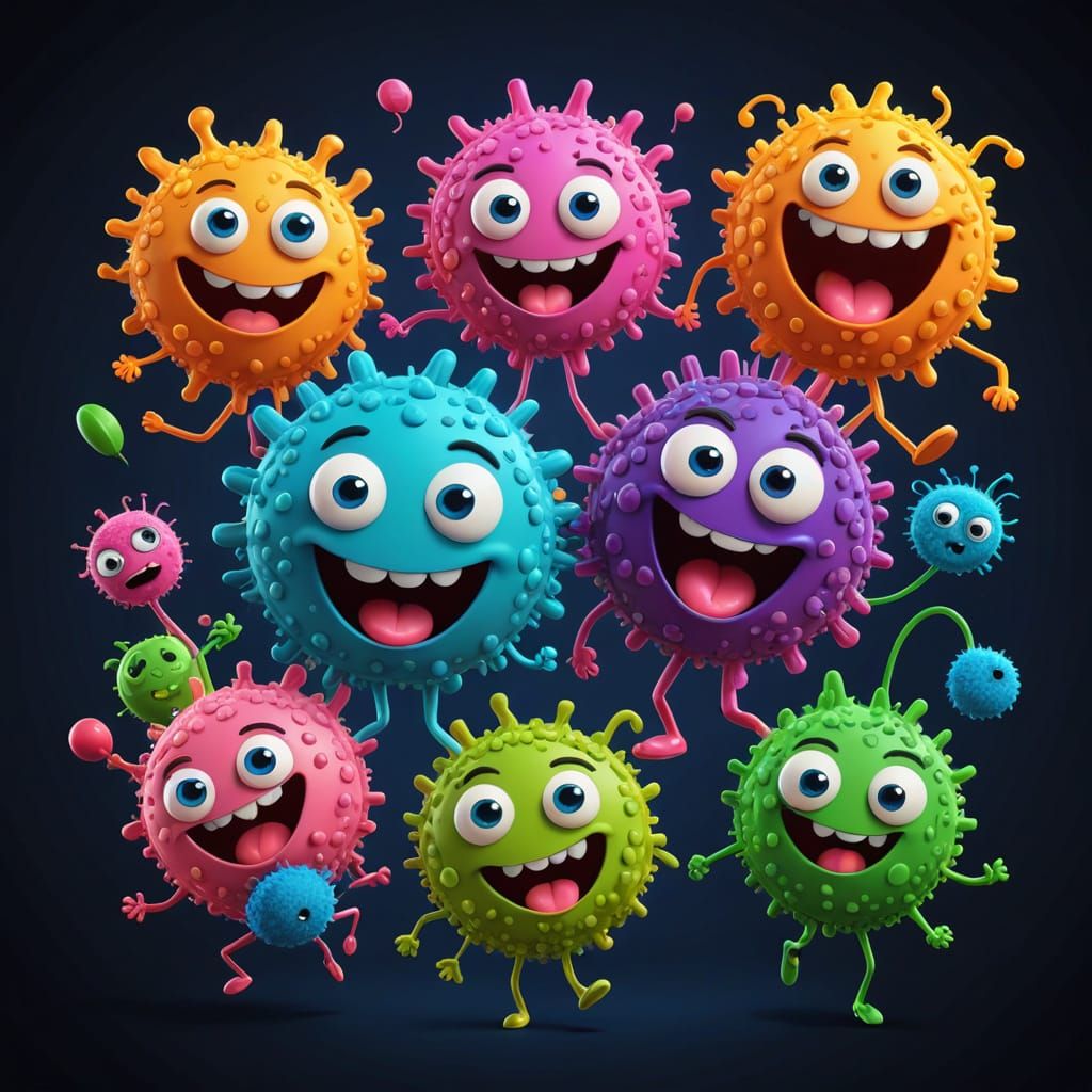 Silly Dancing Microbes with Funny Faces in Cartoon Style