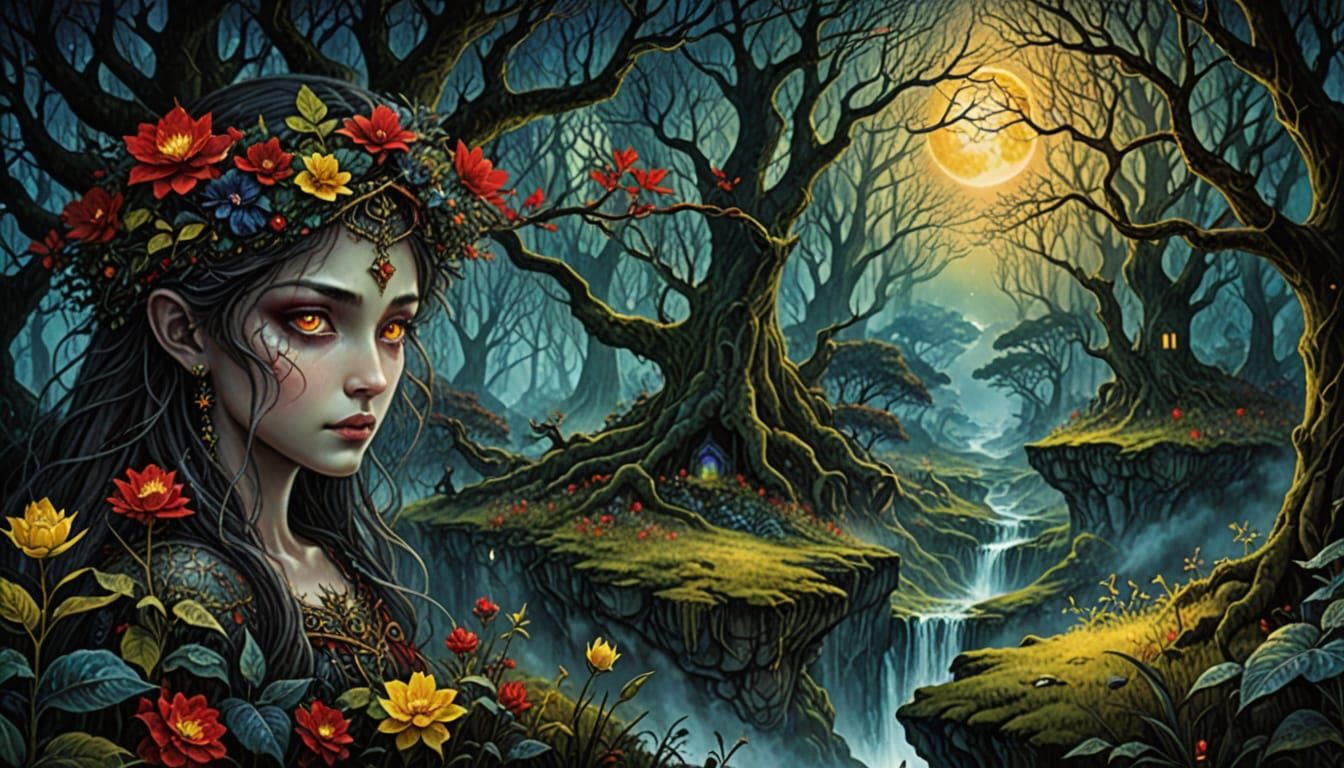 Surreal Misty Forest Garden with Watching Eyes