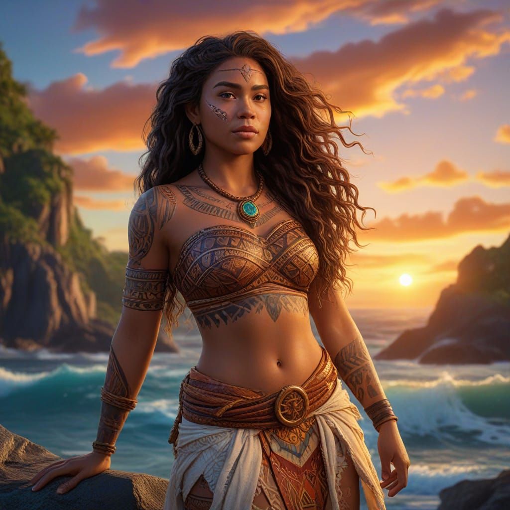 Vibrant Polynesian Art of Princess Moana at Sunset