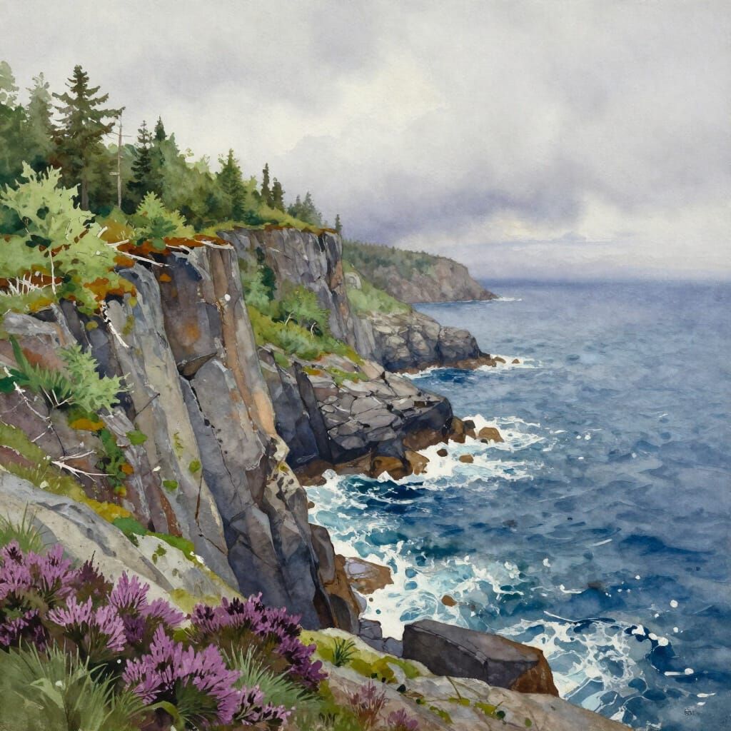 Serene Scandinavian Coast Nature Reserve Watercolor