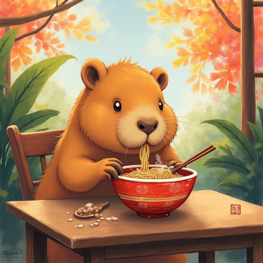 Whimsical Capybara Ramen Scene in Watercolor Style