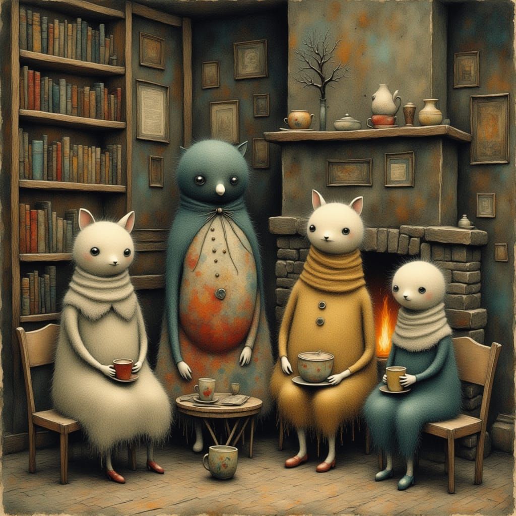 Whimsical Cream Family Gathers by Fireplace