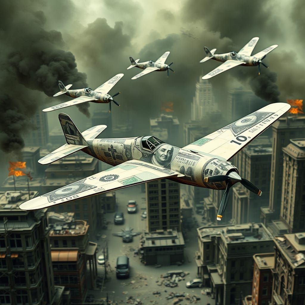 Paper Money Airplanes Dogfight in War-Torn Cityscape