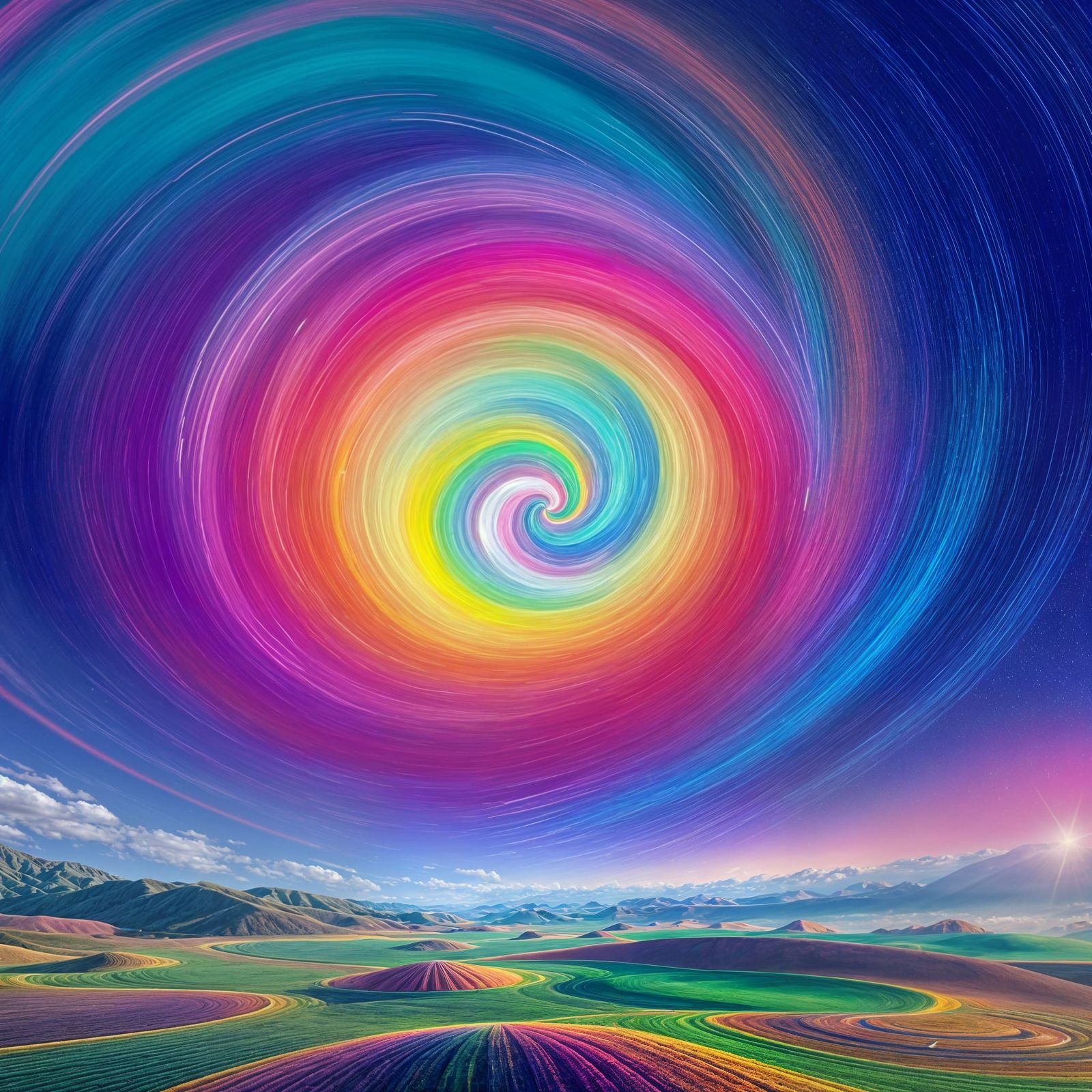 Vibrant Spiral Rainbow Sky Filling Digital Art