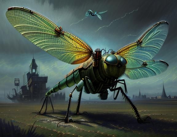Steampunk Dragonfly in Hyperrealistic Impasto Style