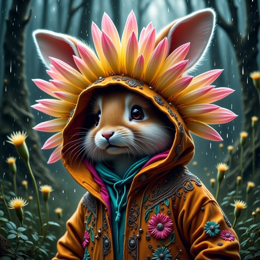Bunny in Embroidered Coat Under Daisy, Fantasy Art