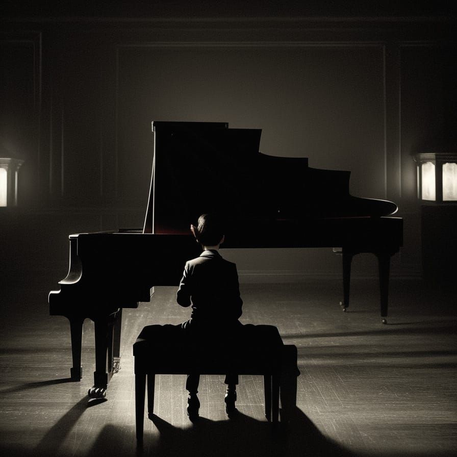 Mysterious Pianist in Dark Room, Cinematic Film Still