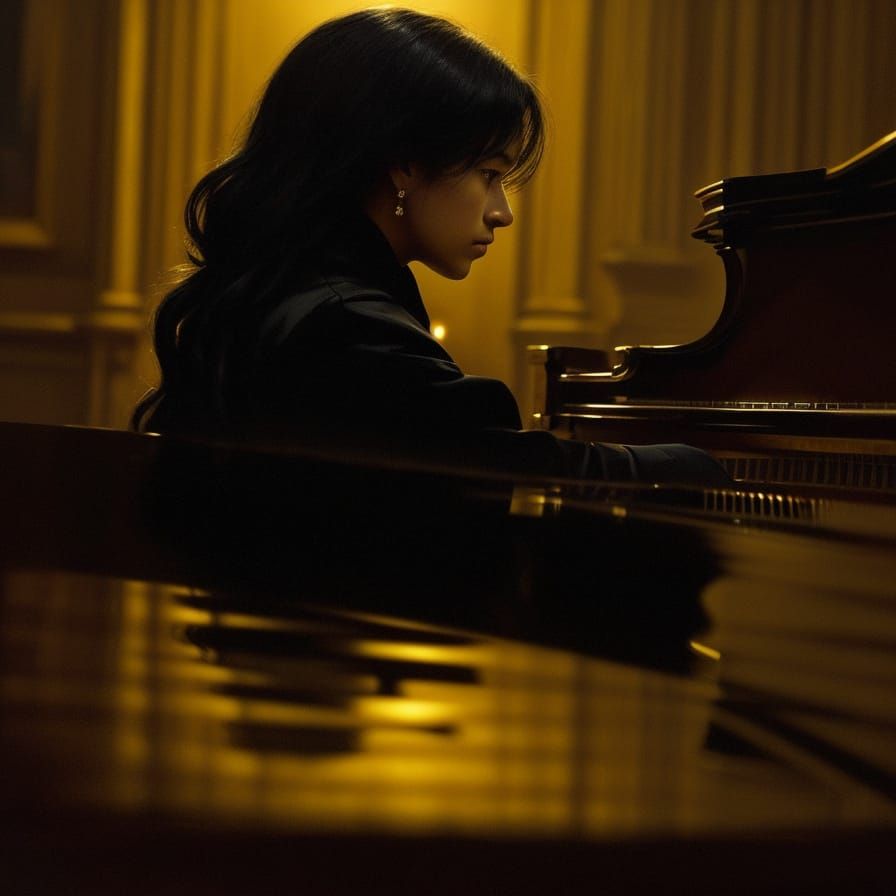 Pianist in Shadows: Dark Romanticism Oil Painting