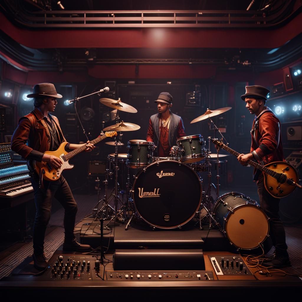 Realistic image of a three piece country rock band wearing their street clothes and rehearsing in an out of town recordi...