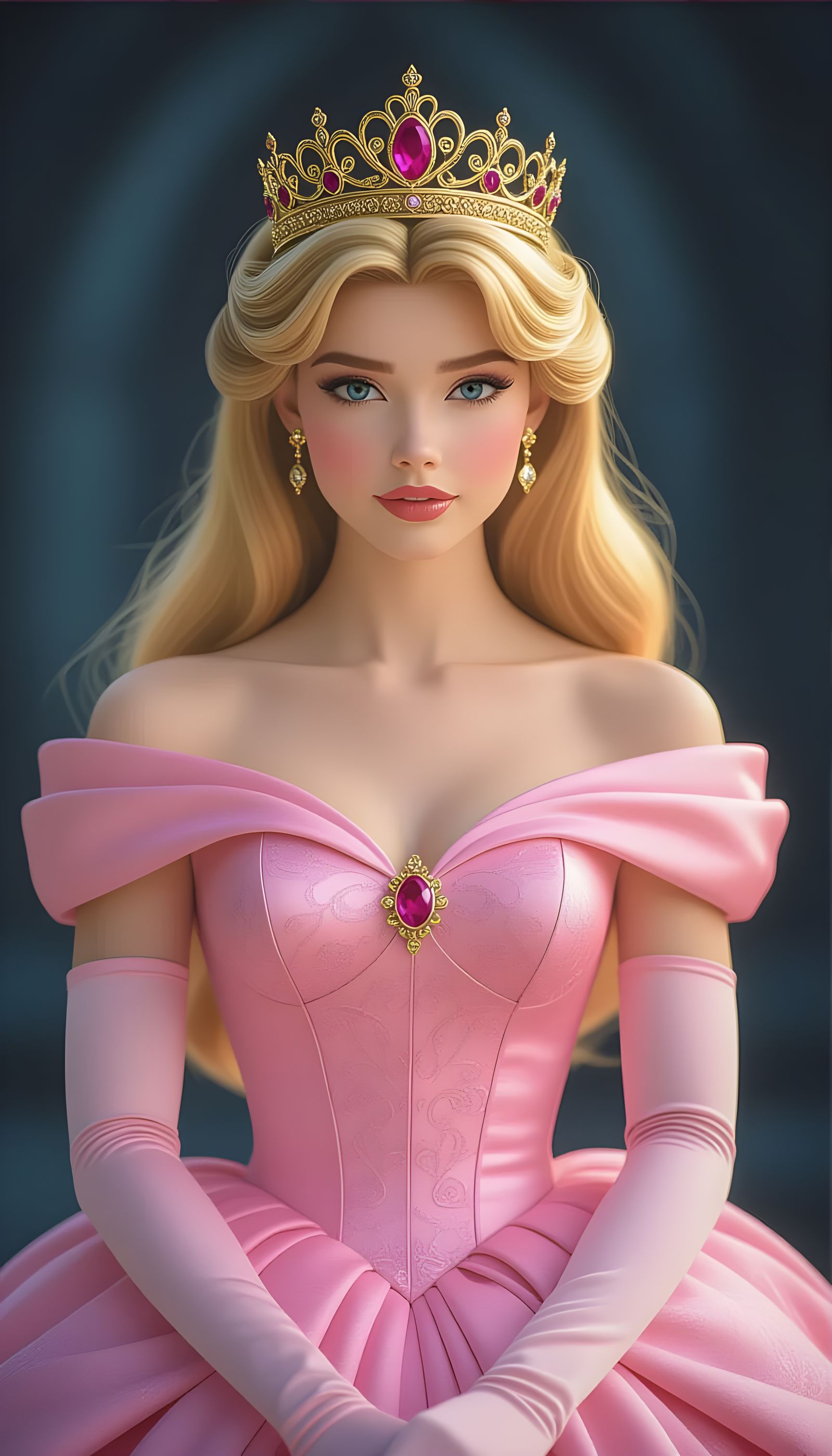 Aurora in Pink Dress and Gold Crown, Hyperrealistic Style