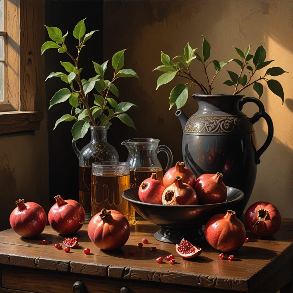 Dutch Masters Style Still Life: Cider, Pomegranates & Honey