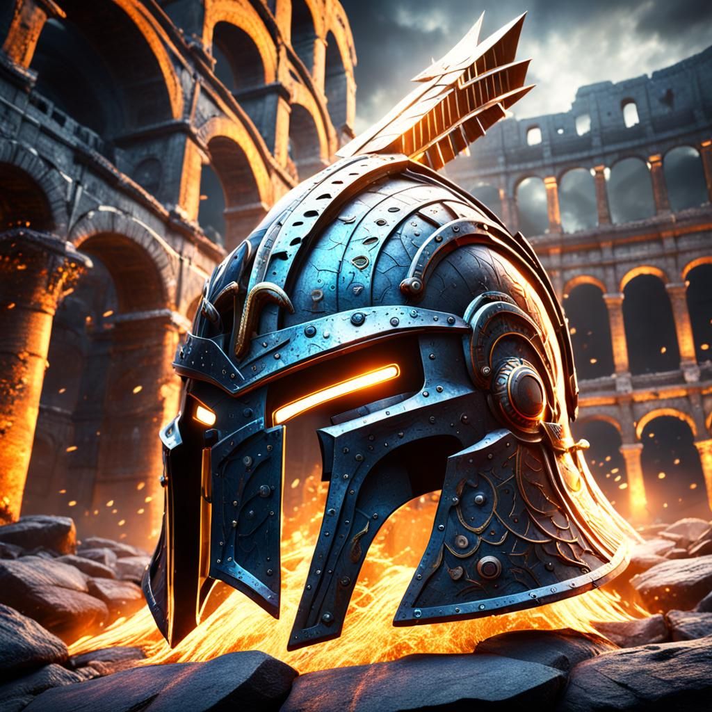 Glowing Battle Helmet in Colosseum, Digital Art