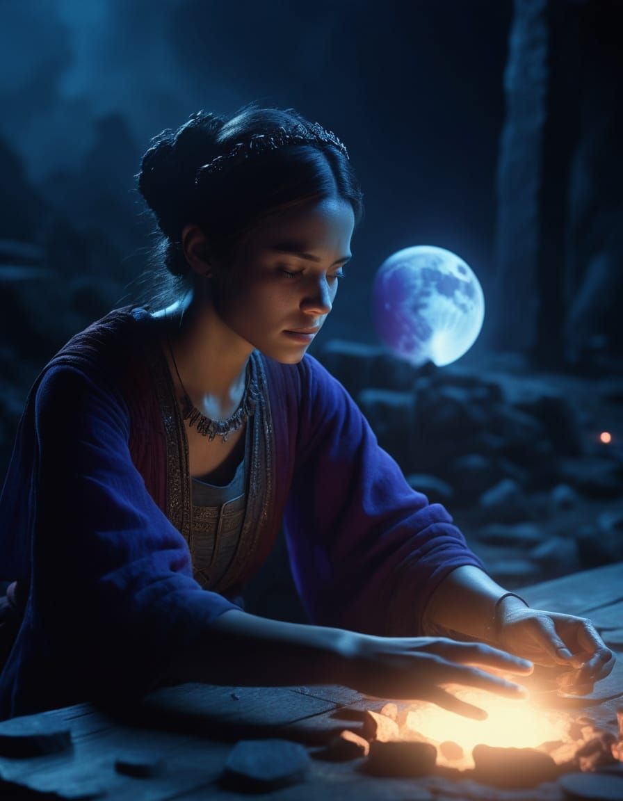 Lunar Priestess Forging Relics Under Eclipse