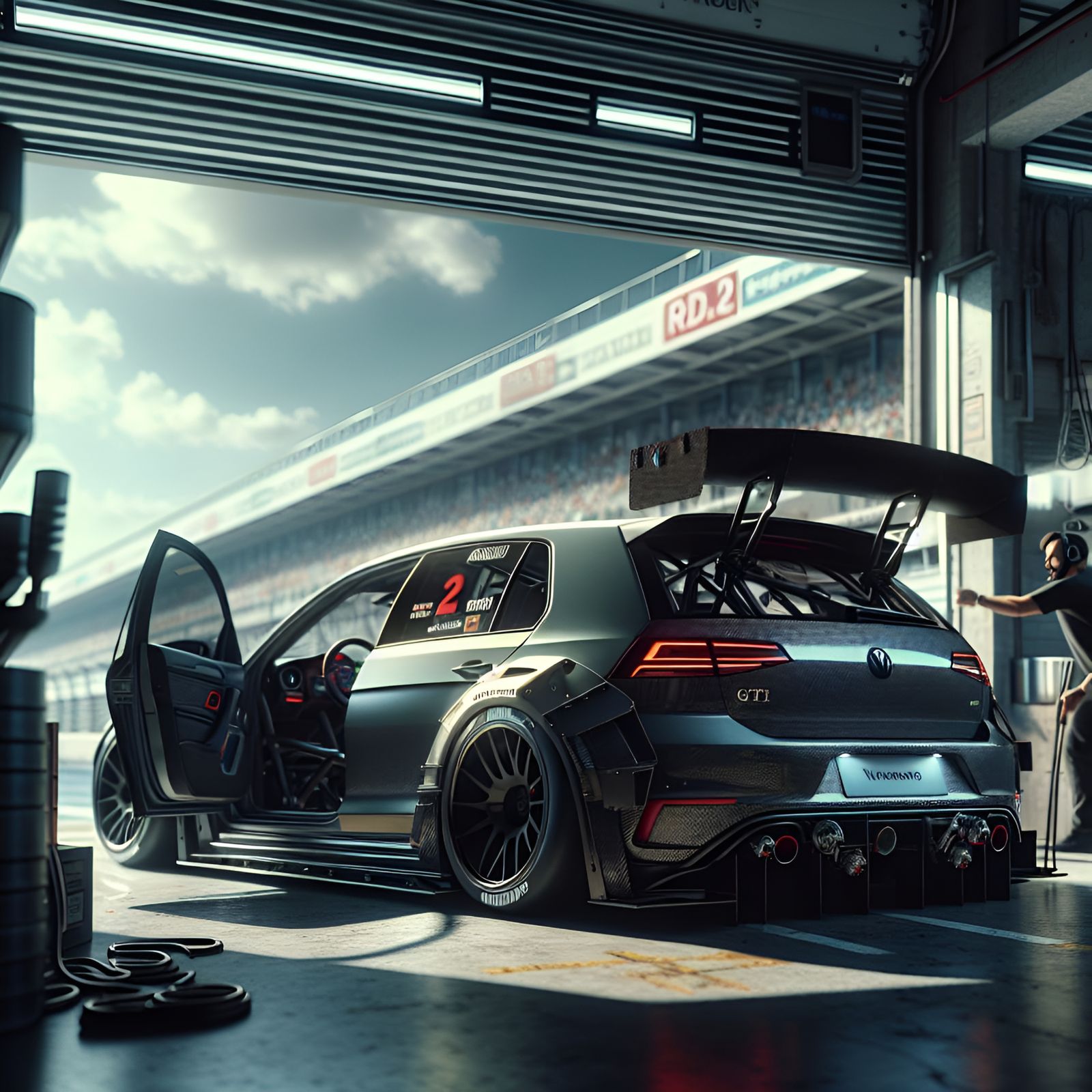 Hyperrealistic Volkswagen GTI at Race Track Pit Stop