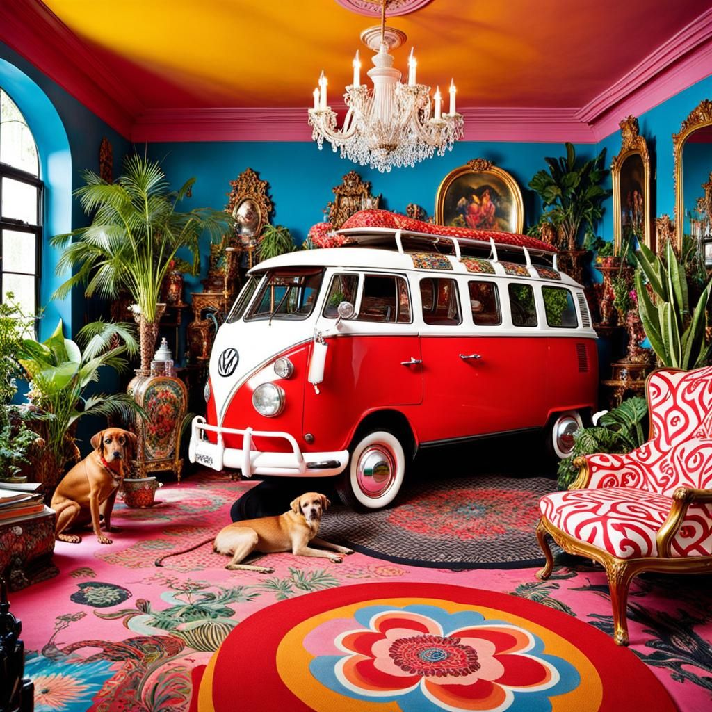 Maximalist Volkswagen in Rococo Memphis Style