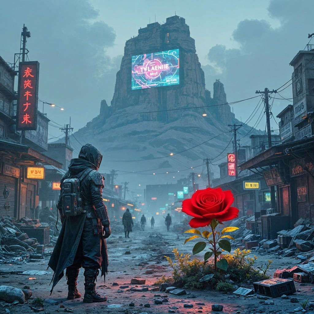 Cyberpunk Marketplace with Bioluminescent Rose
