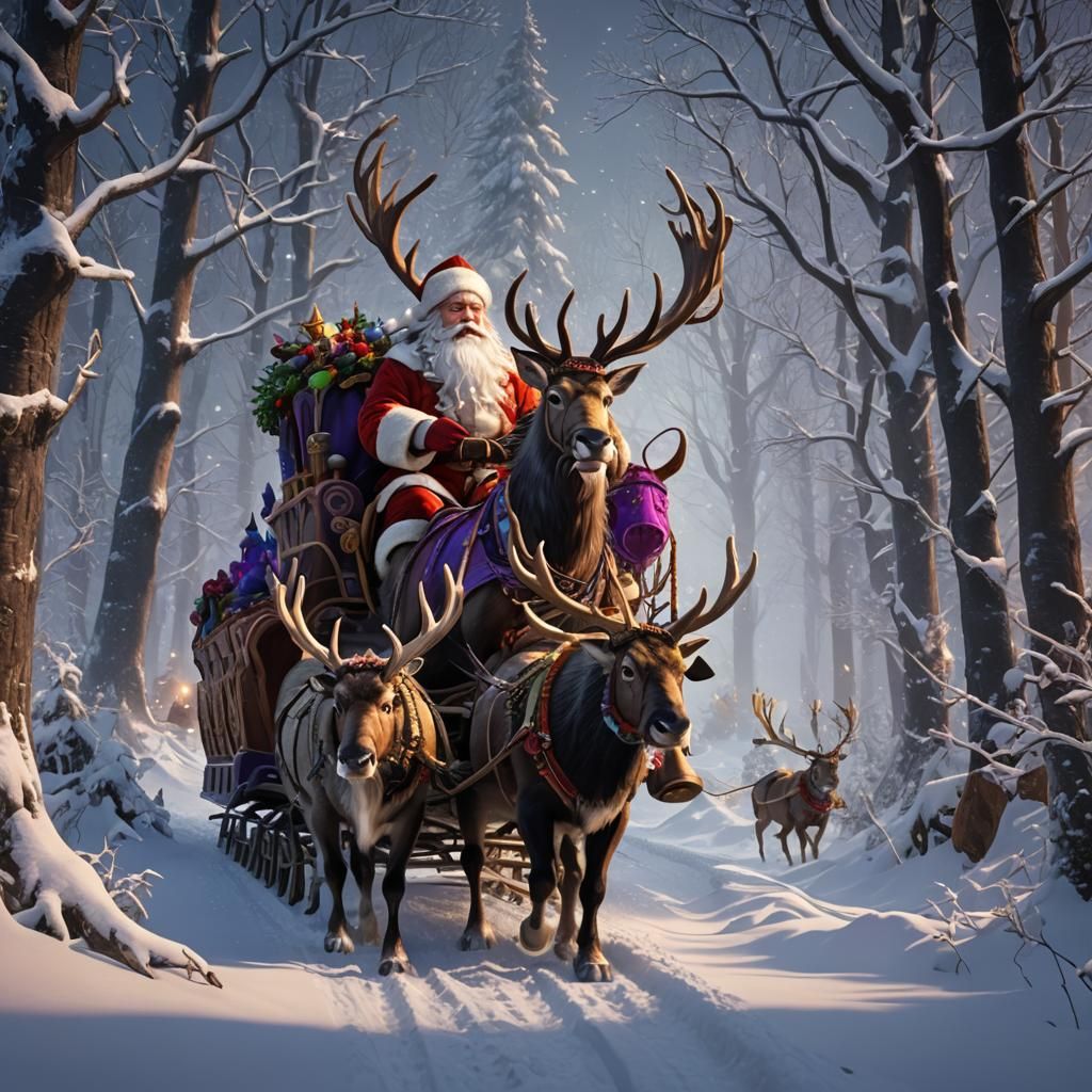 Santa Claus Sleigh Ride in Winter Forest