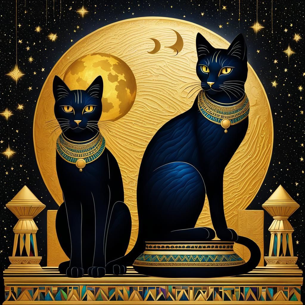 Egyptian Cats Under Cosmic Moon, Holographic Illustration