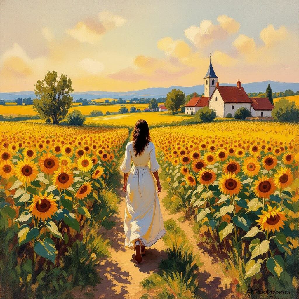 Woman in Sunflower Field: An Impressionistic Landscape