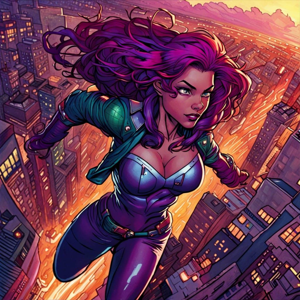 Starfire Soaring Through City at Dusk: Comic Book Art